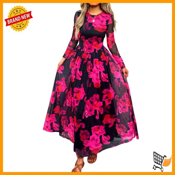 Dresses & Skirts - Long Sleeve Maxi Dress Mesh Floral Wedding Guest Party Dress